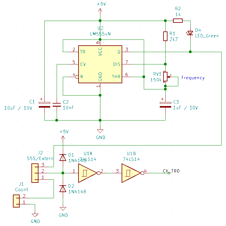 KiCAD schema of a 555 as frequency generator and TTL-interface to the CTC.